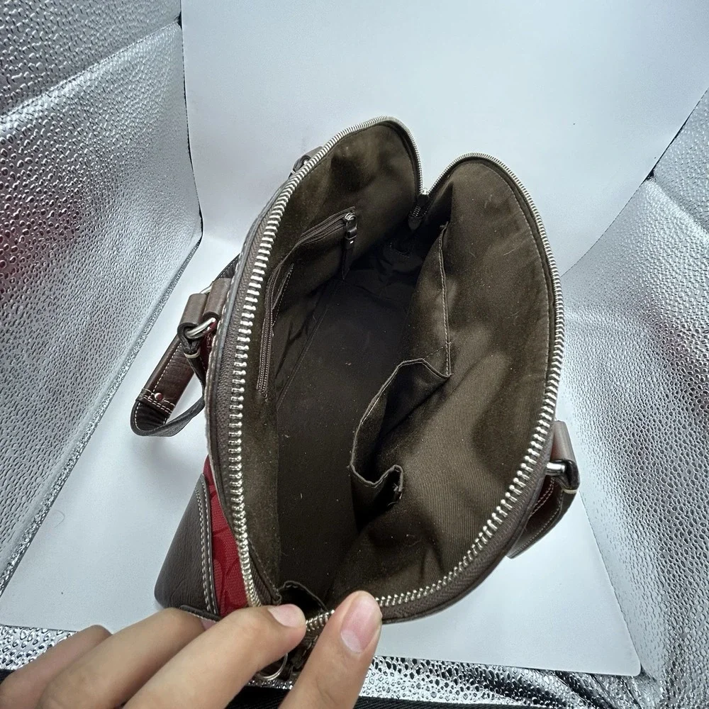 Coach Miranda Signature Red Canvas Brown Leather Satchel Bag Y2K